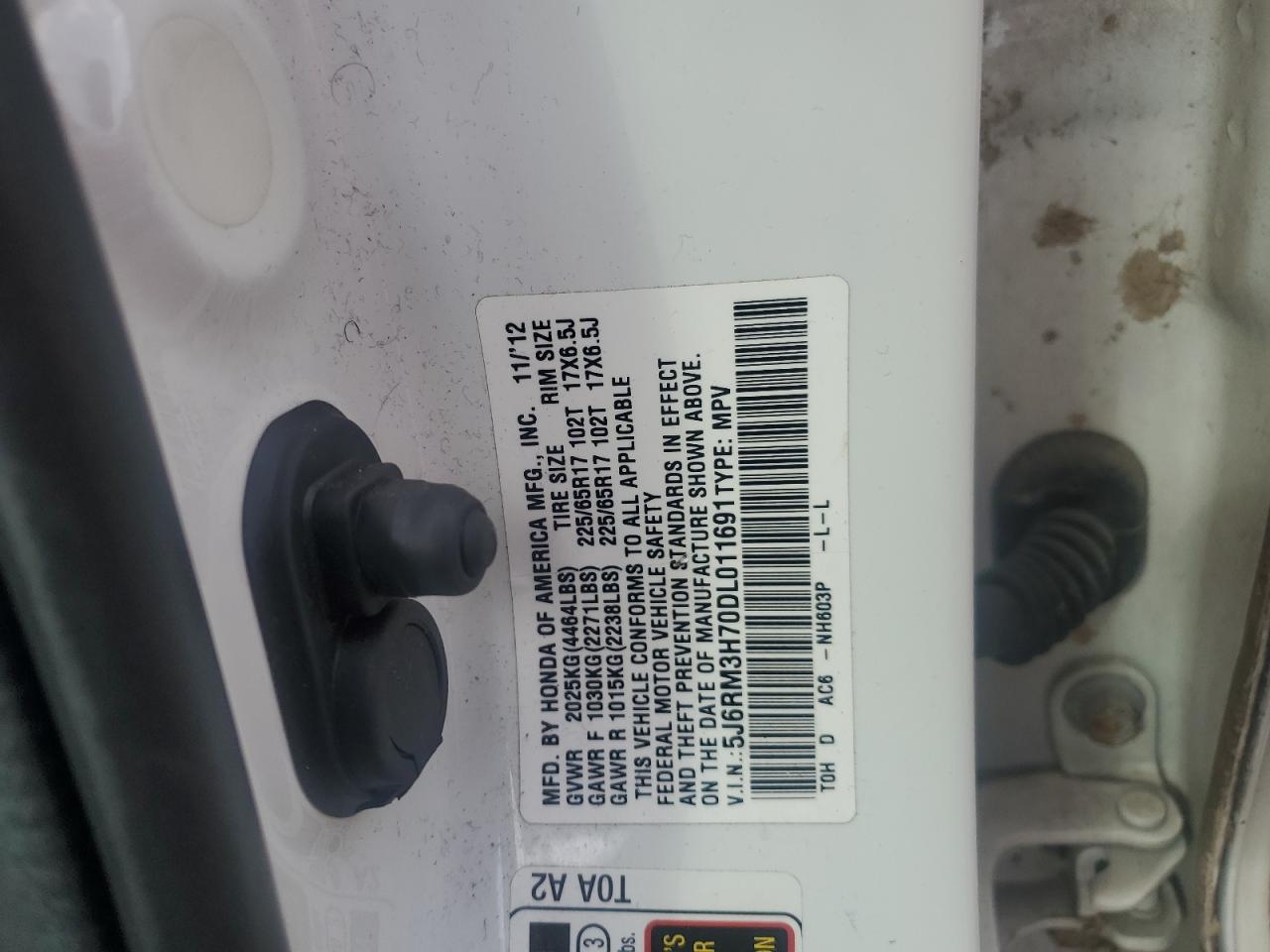 2013 Honda Cr-V Exl VIN: 5J6RM3H70DL011691 Lot: 93499905