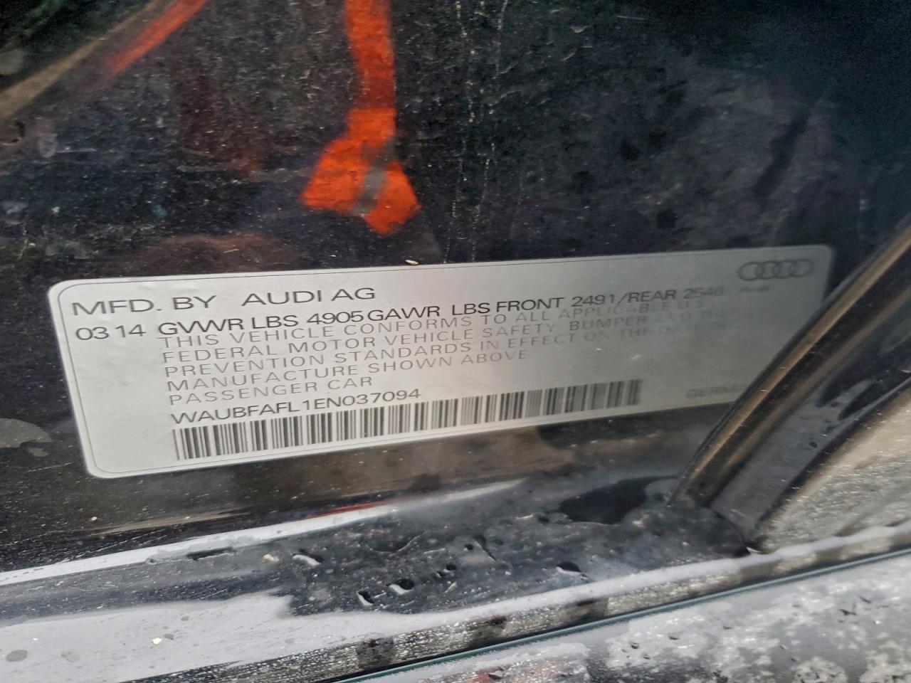 2014 Audi A4 Premium VIN: WAUBFAFL1EN037094 Lot: 94092835