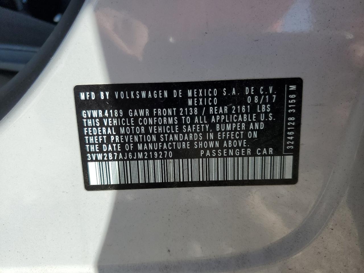 2018 Volkswagen Jetta S VIN: 3VW2B7AJ6JM219270 Lot: 91648855