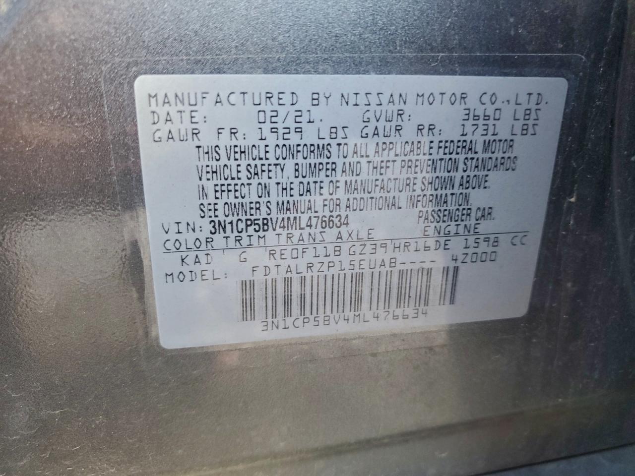 2021 Nissan Kicks S VIN: 3N1CP5BV4ML476634 Lot: 93929445