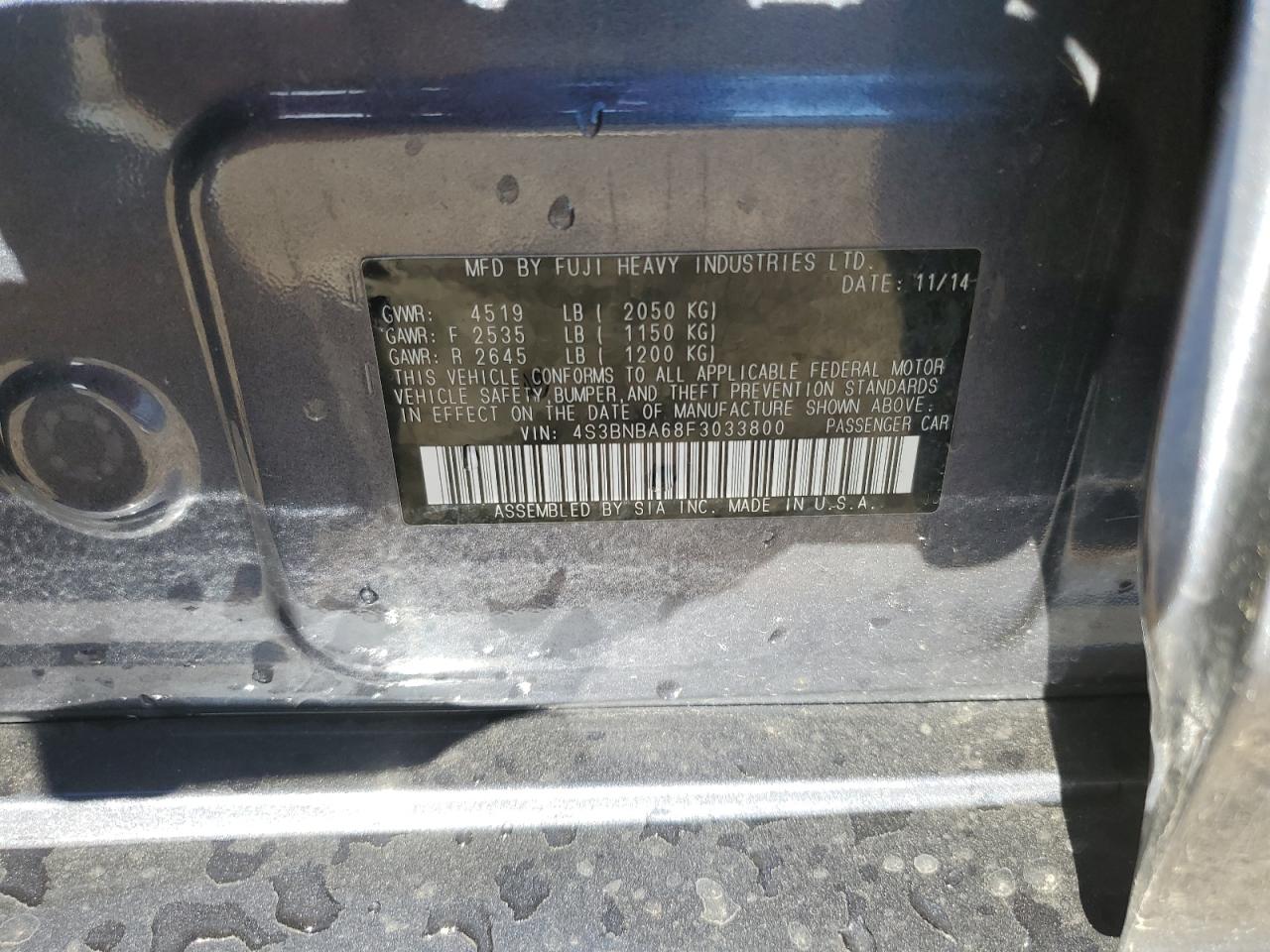 2015 Subaru Legacy 2.5I VIN: 4S3BNBA68F3033800 Lot: 91525335