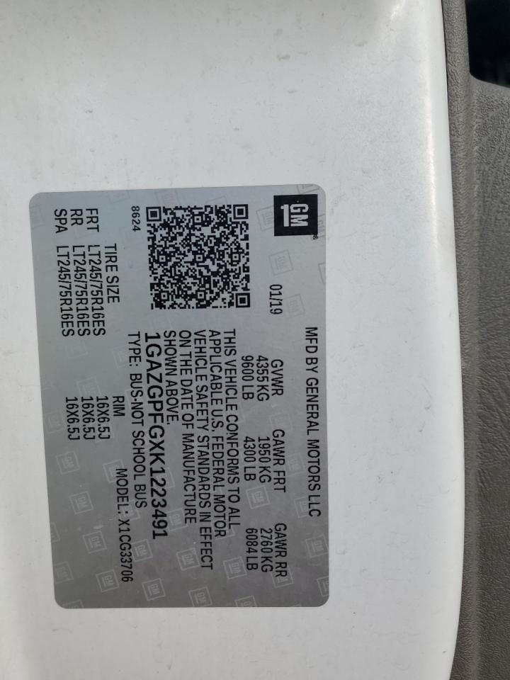 2019 Chevrolet Express G3500 Lt VIN: 1GAZGPFGXK1223491 Lot: 92584995