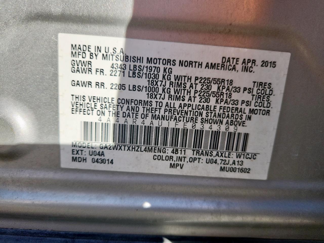 2015 Mitsubishi Outlander Sport Se VIN: 4A4AR4AU1FE034309 Lot: 91863635