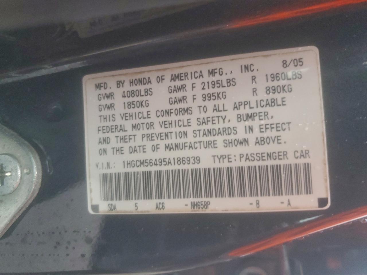 2005 Honda Accord Lx VIN: 1HGCM56495A186939 Lot: 93884975