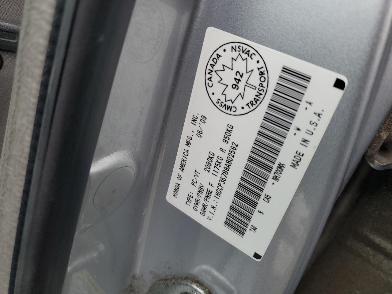 2009 Honda Accord Ex VIN: 1HGCP36789A802562 Lot: 92942835