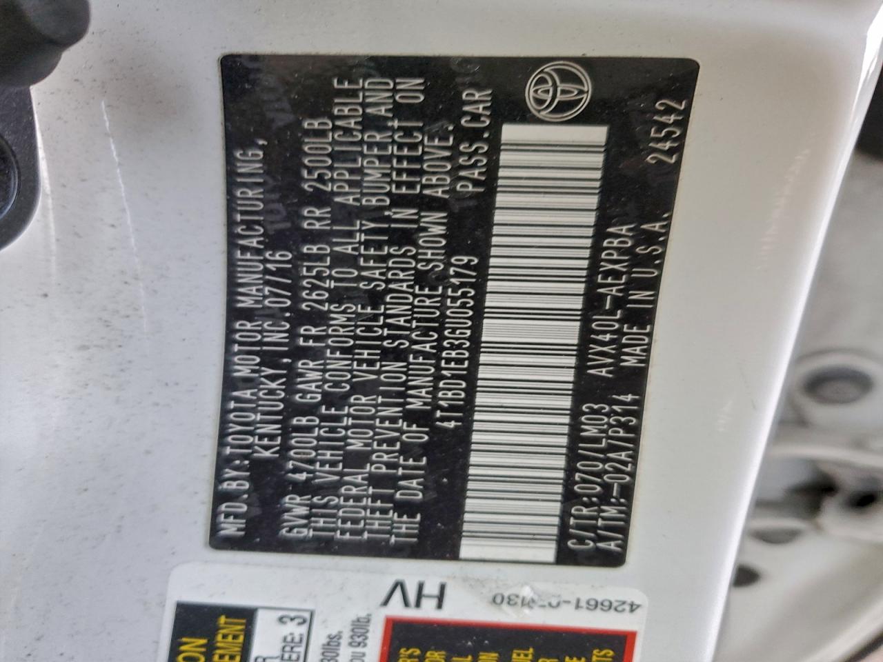 2016 Toyota Avalon Hybrid VIN: 4T1BD1EB3GU055179 Lot: 94548585