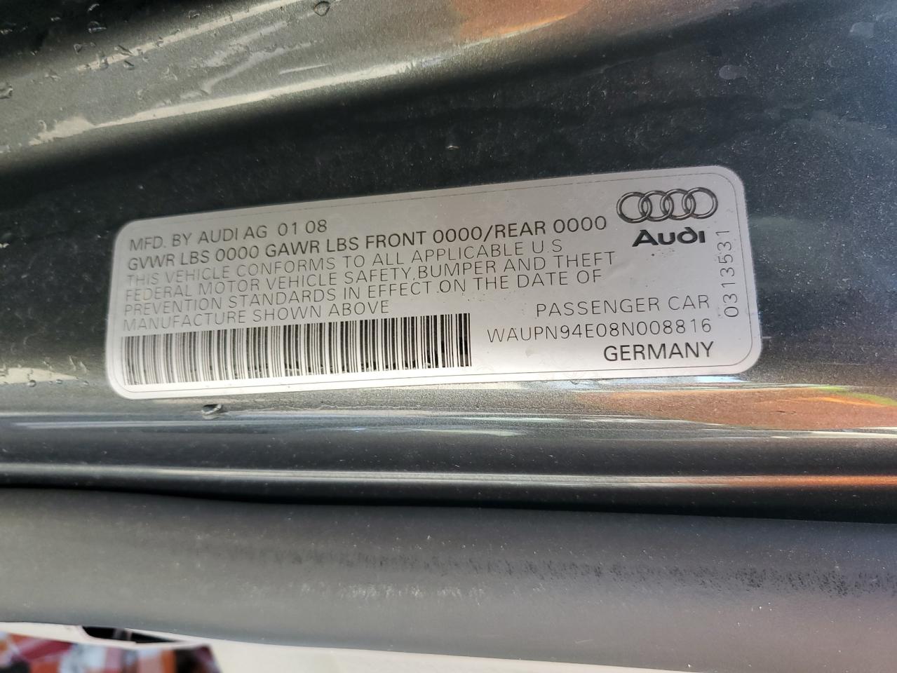 2008 Audi S8 Quattro VIN: WAUPN94E08N008816 Lot: 91616225