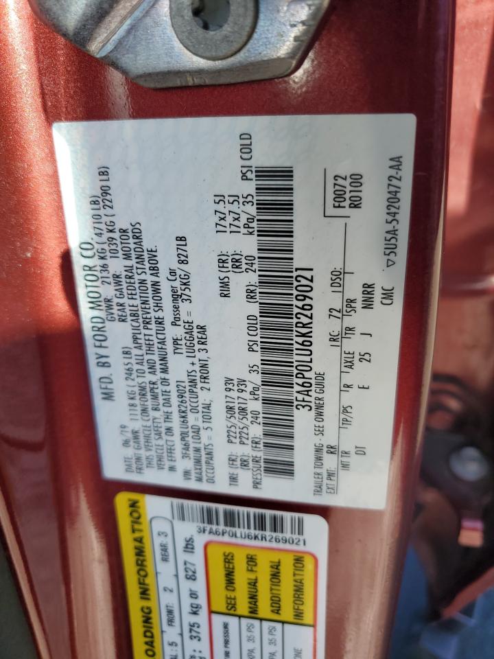 2019 Ford Fusion Se VIN: 3FA6P0LU6KR269021 Lot: 91070945