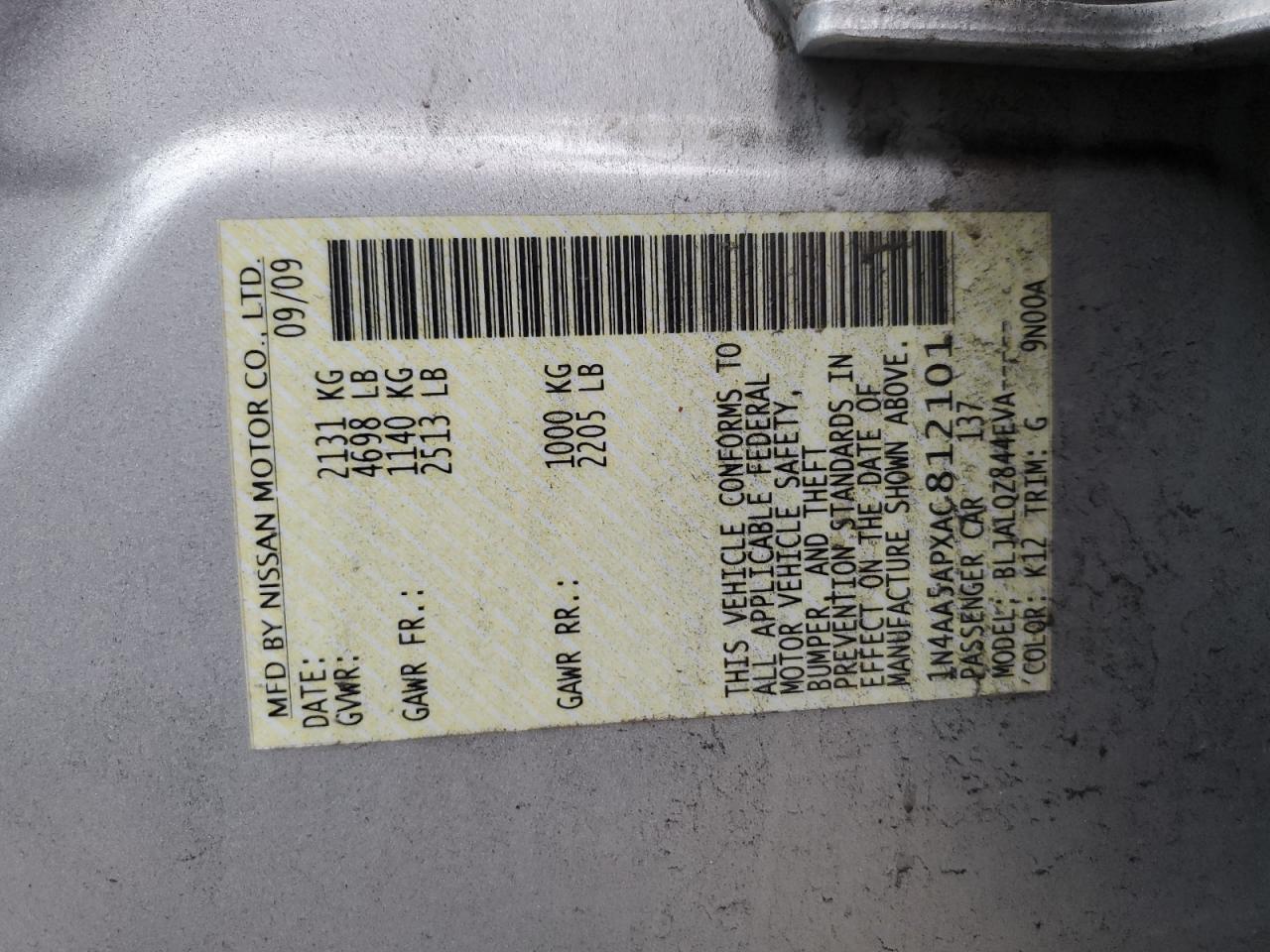 2010 Nissan Maxima S VIN: 1N4AA5APXAC812101 Lot: 90658275