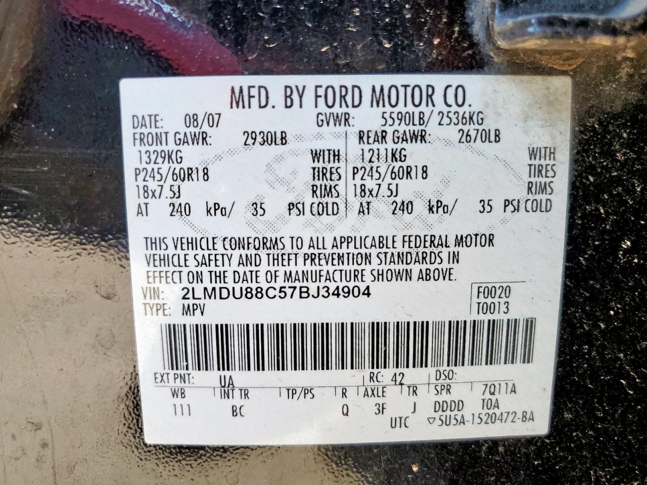 2007 Lincoln Mkx VIN: 2LMDU88C57BJ34904 Lot: 91581415