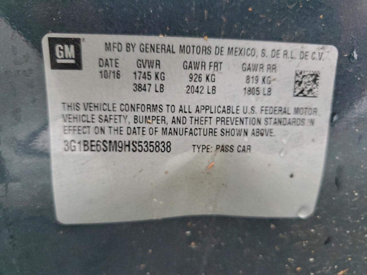 2017 Chevrolet Cruze Lt VIN: 3G1BE6SM9HS535838 Lot: 92702105