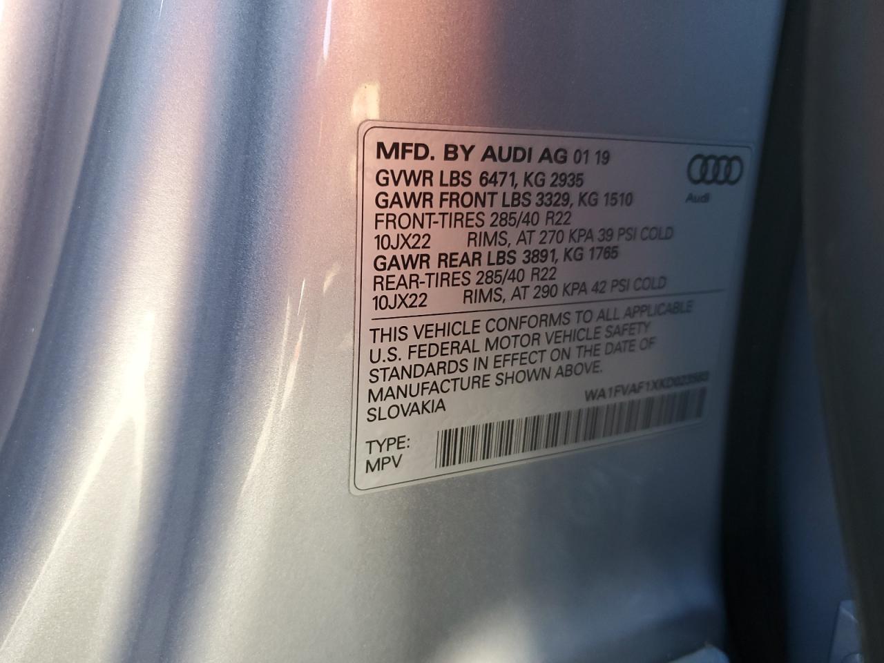 2019 Audi Q8 Prestige S-Line VIN: WA1FVAF1XKD023583 Lot: 92358225