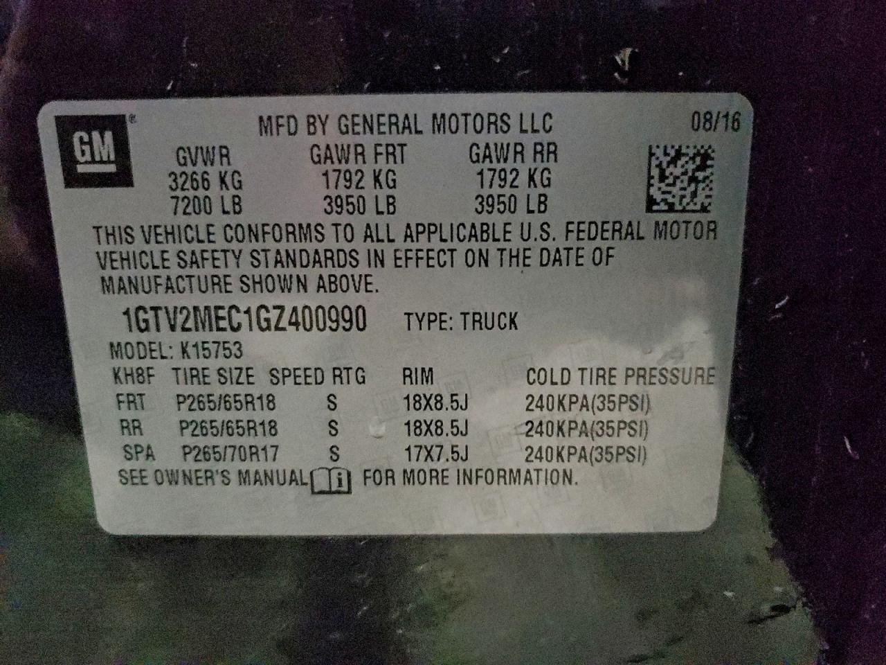 2016 GMC Sierra K1500 Sle VIN: 1GTV2MEC1GZ400990 Lot: 93873875