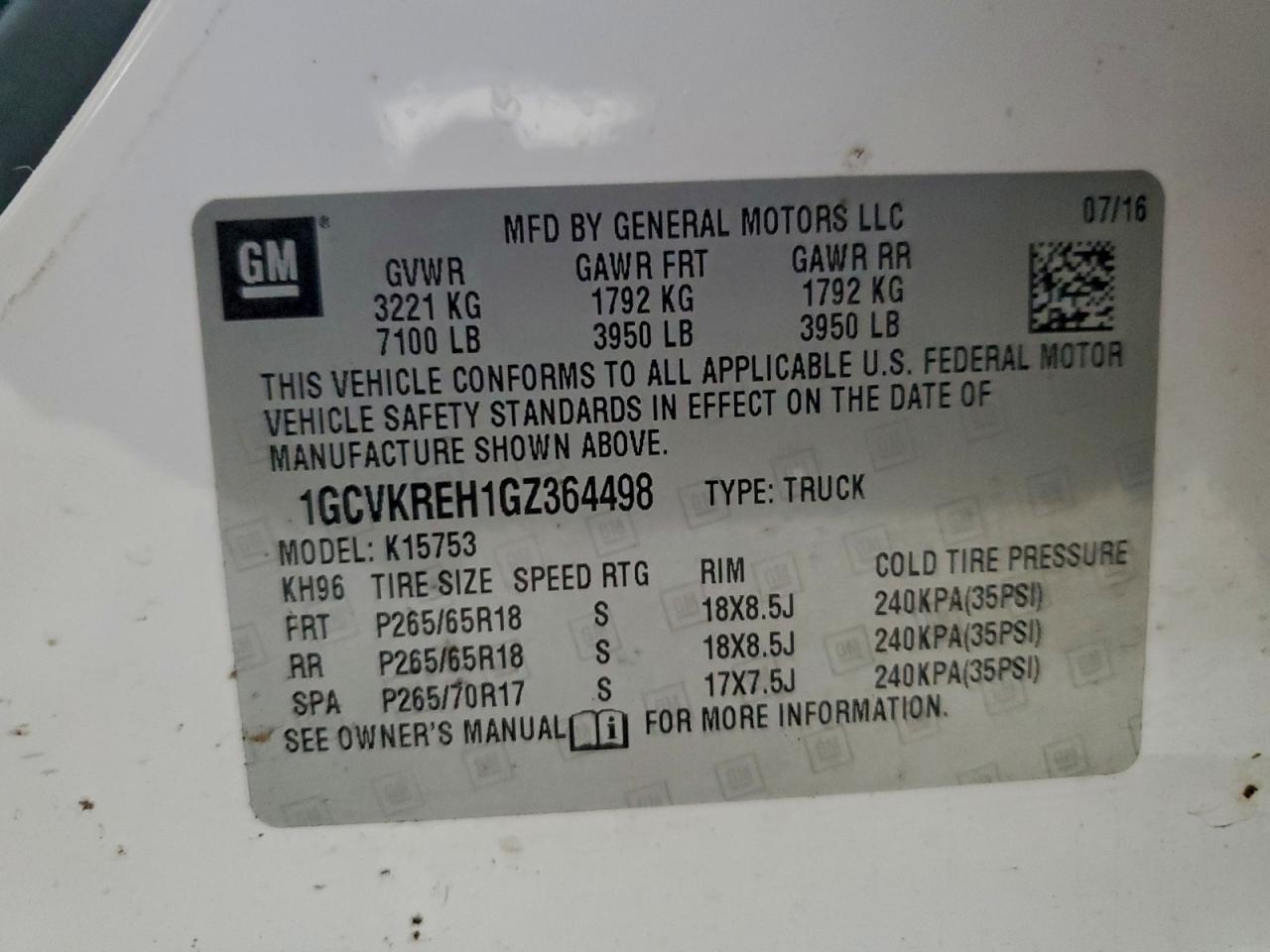 2016 Chevrolet Silverado K1500 Lt VIN: 1GCVKREH1GZ364498 Lot: 94052025