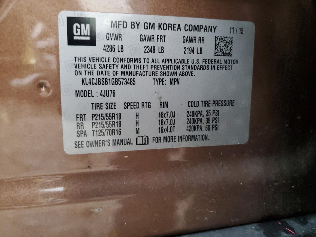 2016 Buick Encore Convenience VIN: KL4CJBSB1GB573485 Lot: 91279585