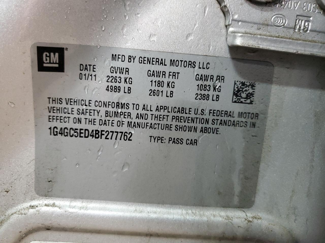 2011 Buick Lacrosse Cxl VIN: 1G4GC5ED4BF277762 Lot: 92581245