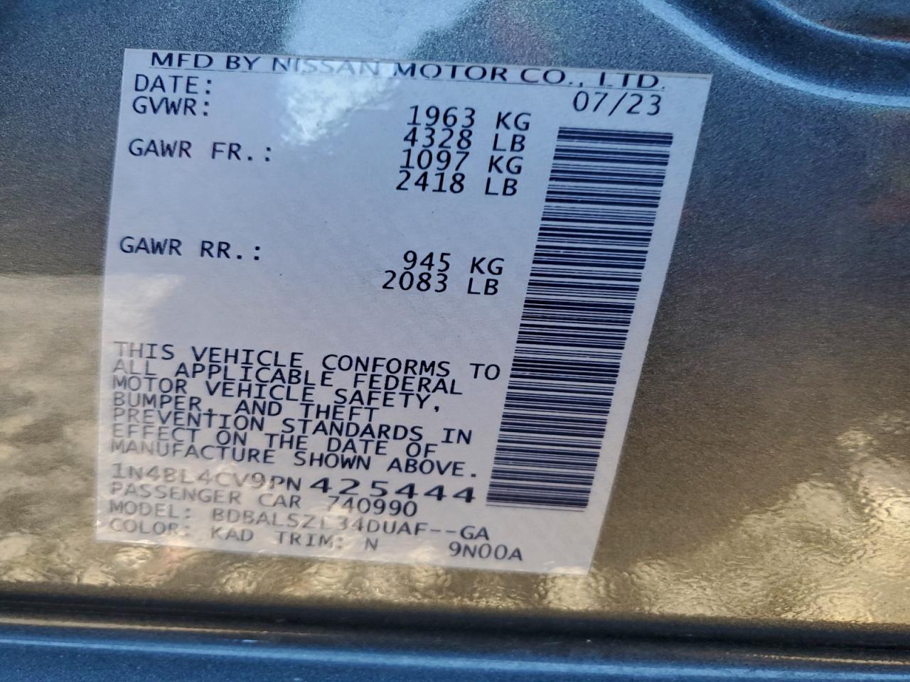 2023 Nissan Altima Sr VIN: 1N4BL4CV9PN425444 Lot: 94234575