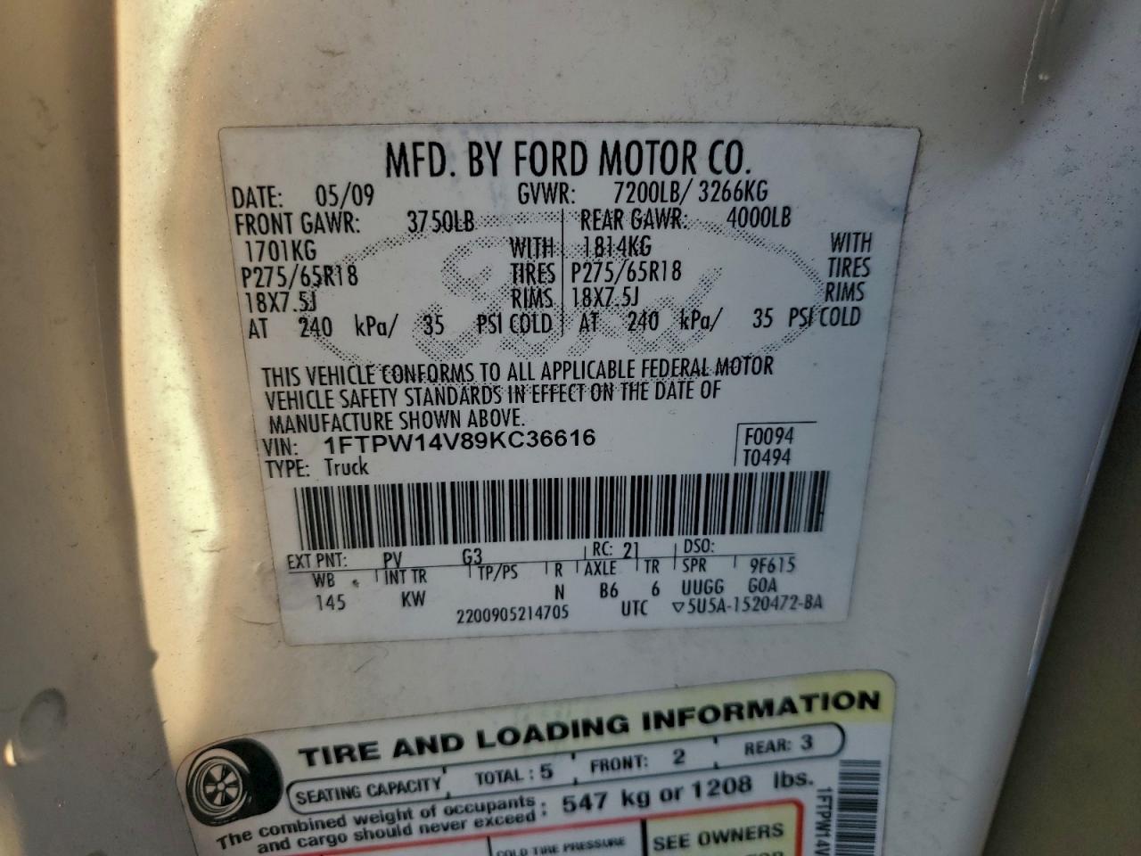 2009 Ford F150 Supercrew VIN: 1FTPW14V89KC36616 Lot: 94303235