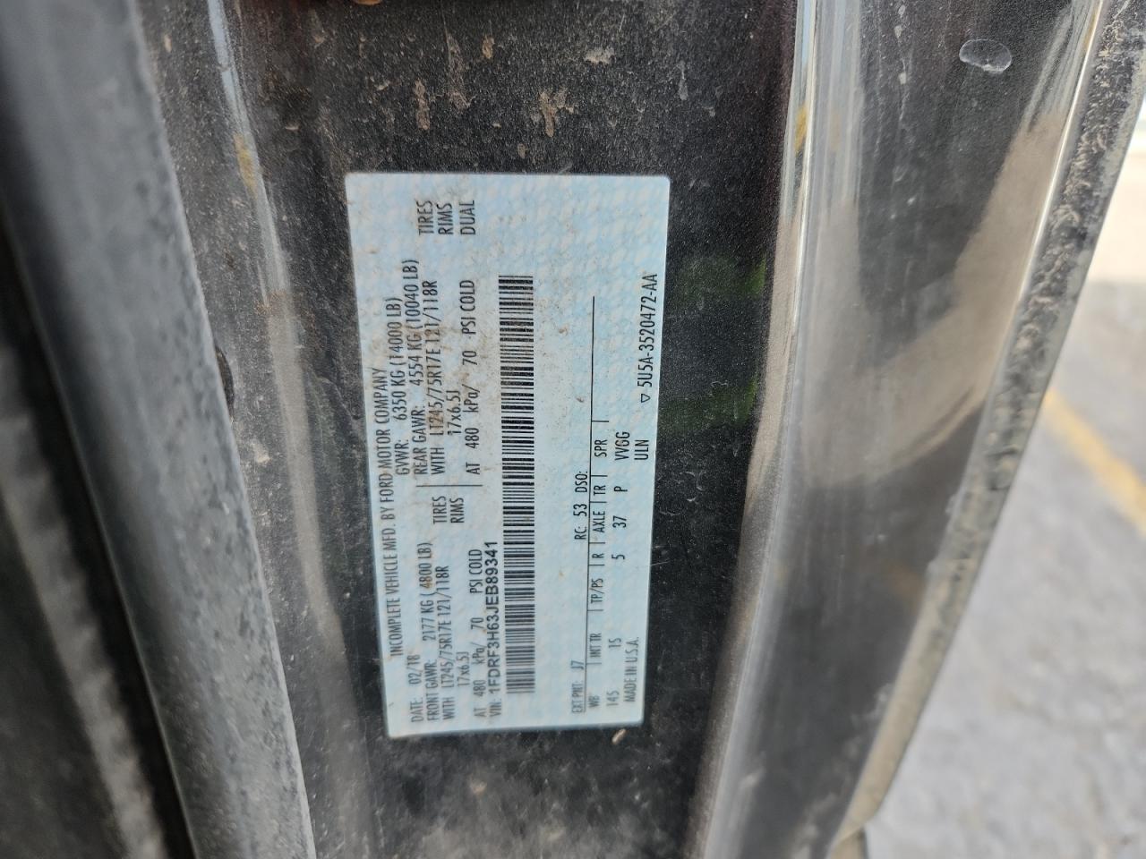 2018 Ford F350 Super Duty VIN: 1FDRF3H63JEB89341 Lot: 90625435