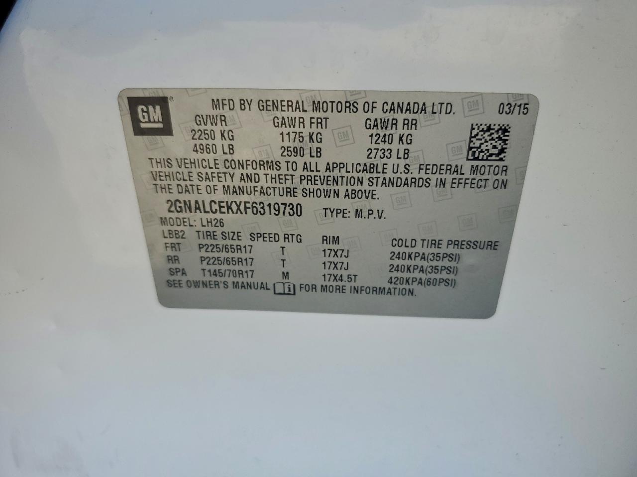 2015 Chevrolet Equinox Lt VIN: 2GNALCEKXF6319730 Lot: 93606435