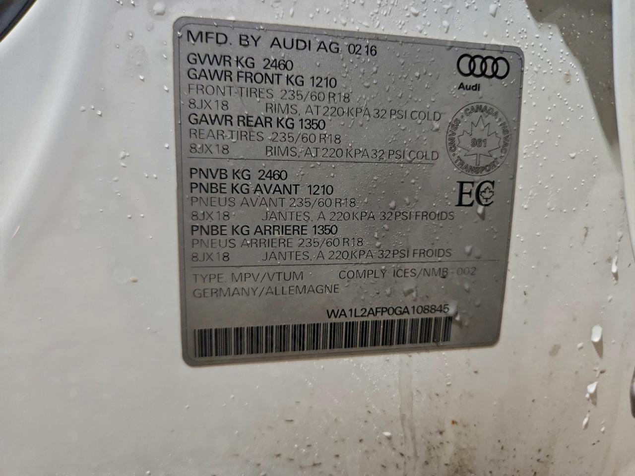 2016 Audi Q5 Premium Plus VIN: WA1L2AFP0GA108845 Lot: 92813875