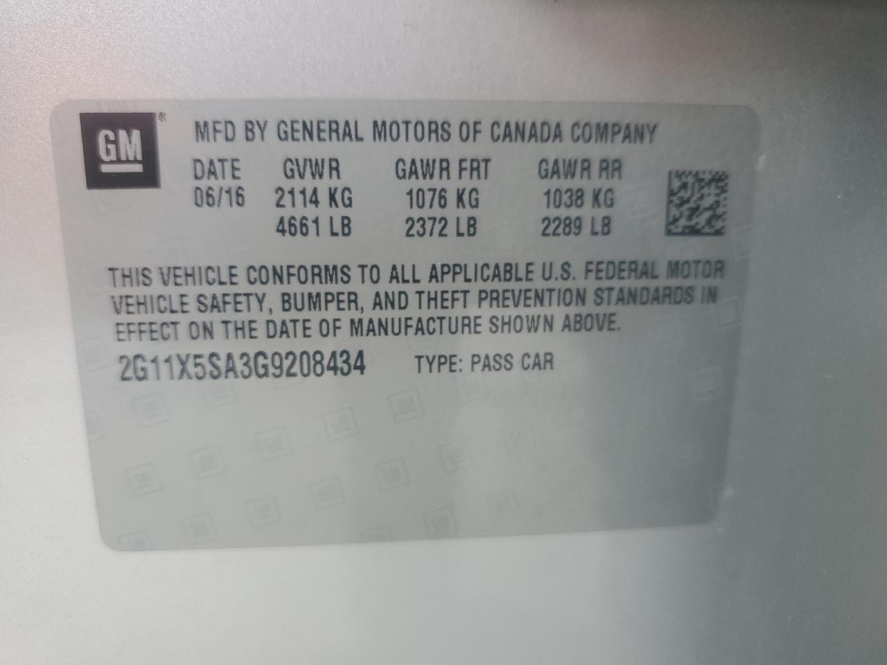 2016 Chevrolet Impala Ls VIN: 2G11X5SA3G9208434 Lot: 93195935