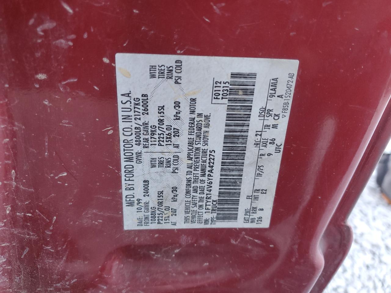 2000 Ford Ranger Super Cab VIN: 1FTYR14V6YPA42275 Lot: 92583655