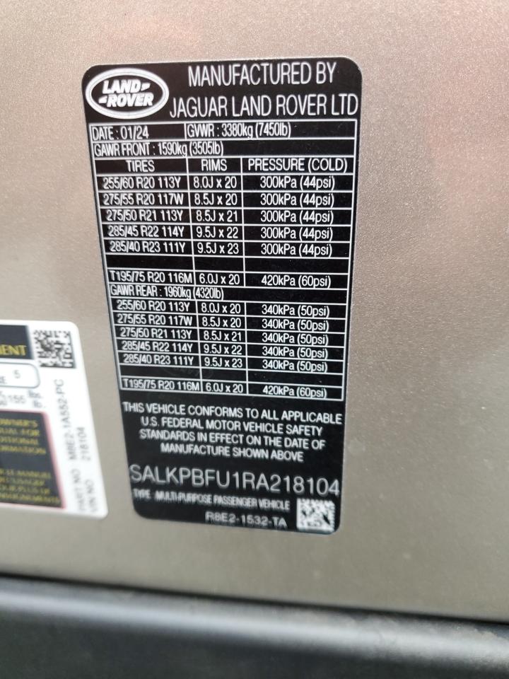 2024 Land Rover Range Rover Se VIN: SALKPBFU1RA218104 Lot: 89688755