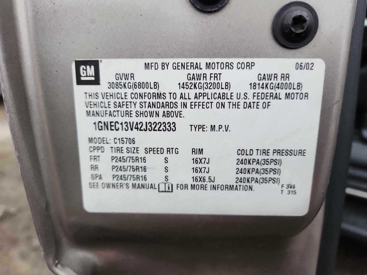 2002 Chevrolet Tahoe C1500 VIN: 1GNEC13V42J322333 Lot: 93874625