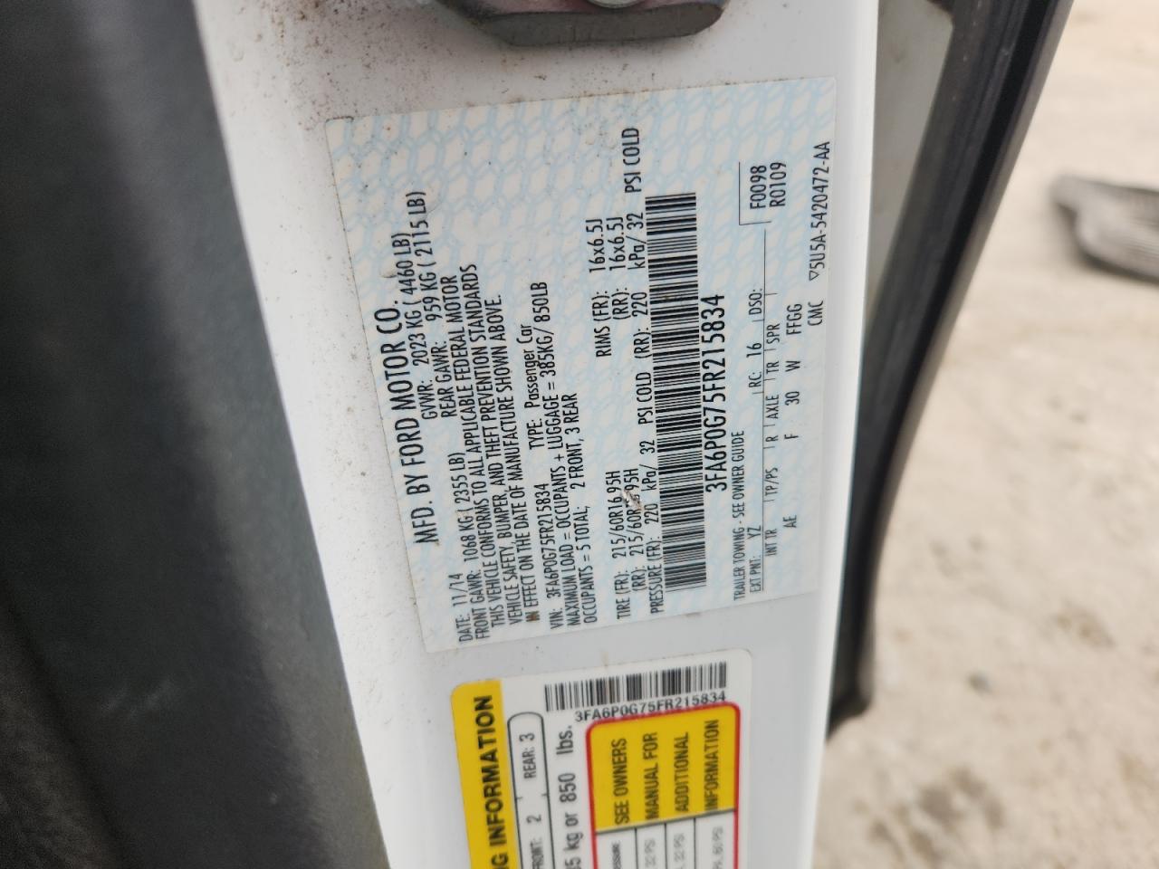 2015 Ford Fusion S VIN: 3FA6P0G75FR215834 Lot: 93034355