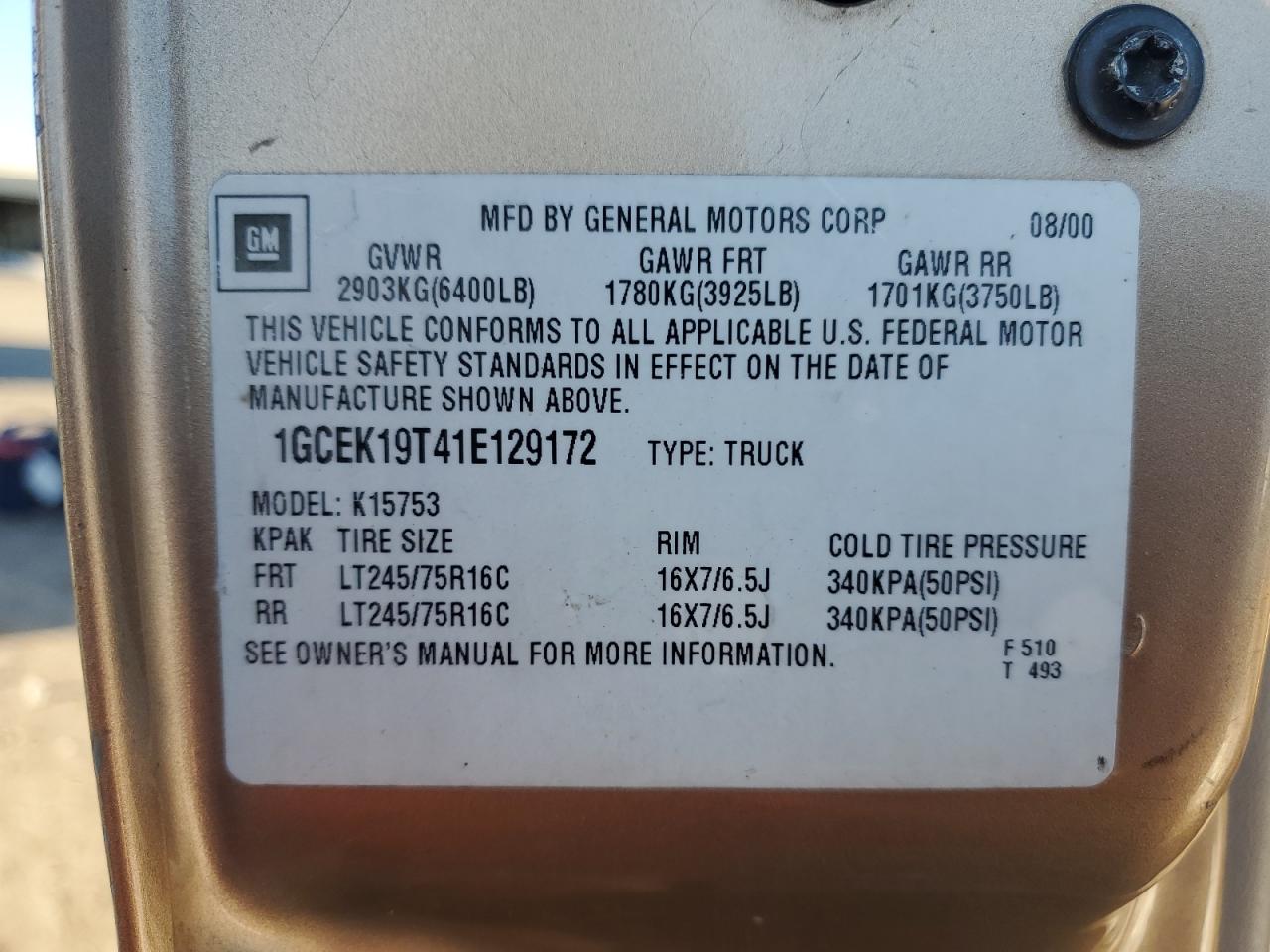 2001 Chevrolet Silverado K1500 VIN: 1GCEK19T41E129172 Lot: 90840855