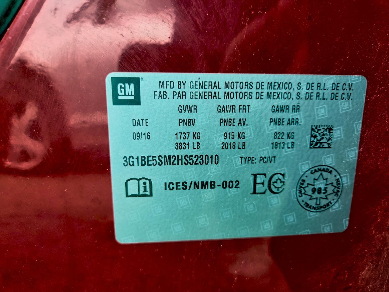 2017 Chevrolet Cruze Lt VIN: 3G1BE5SM2HS523010 Lot: 92591215