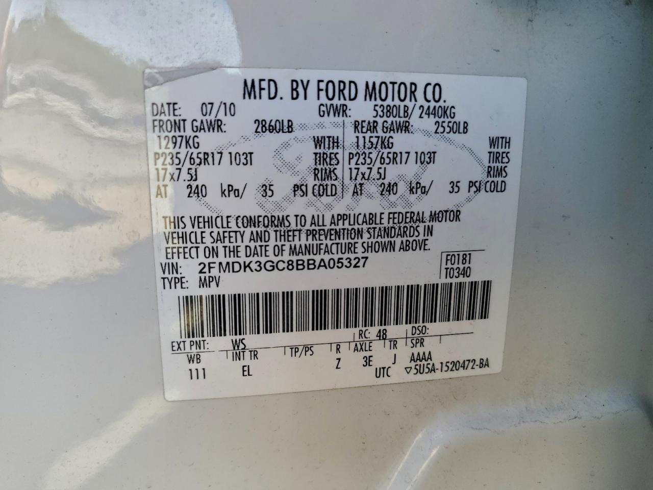 2011 Ford Edge Se VIN: 2FMDK3GC8BBA05327 Lot: 94489575