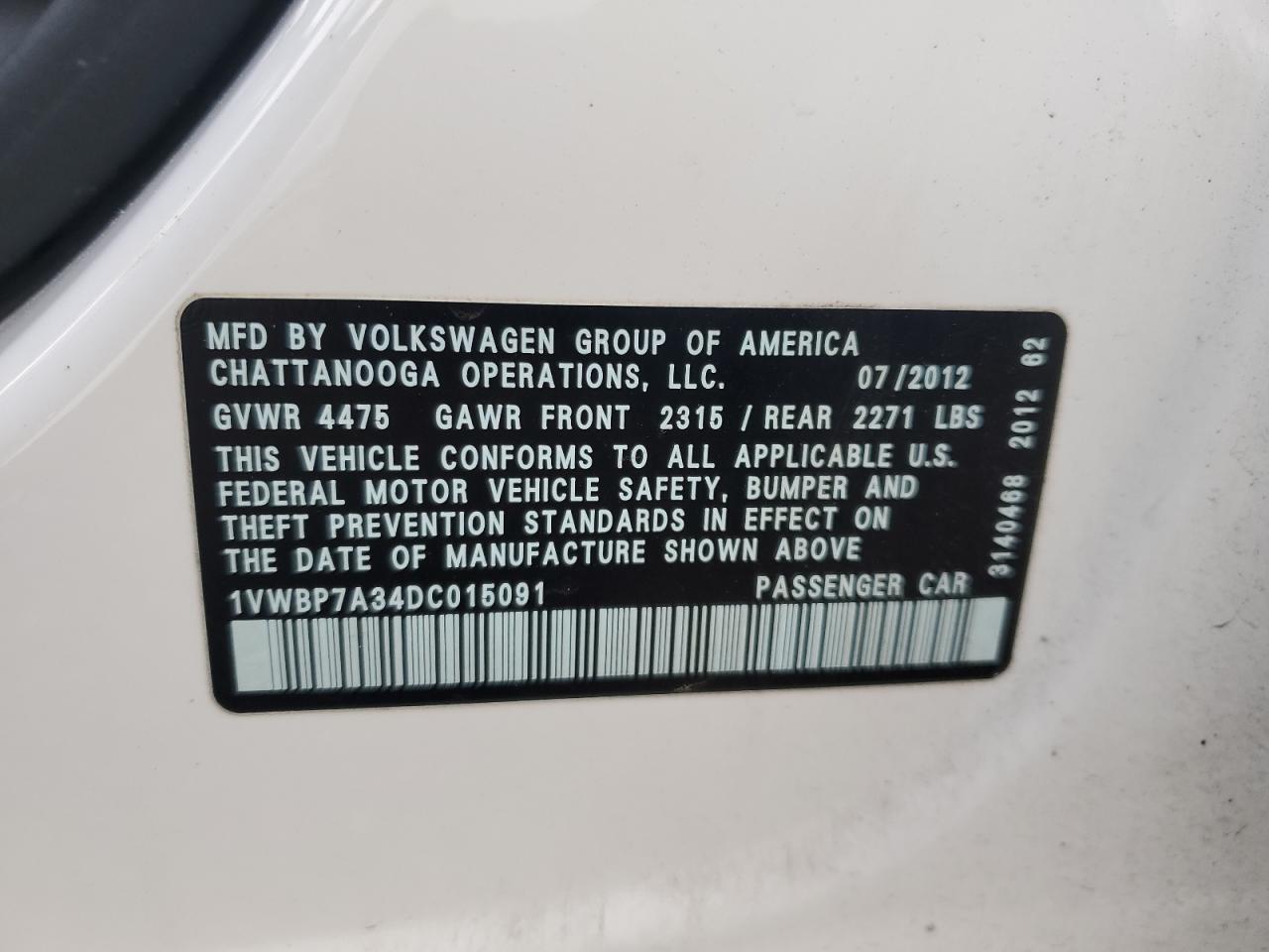2013 Volkswagen Passat Se VIN: 1VWBP7A34DC015091 Lot: 93713865
