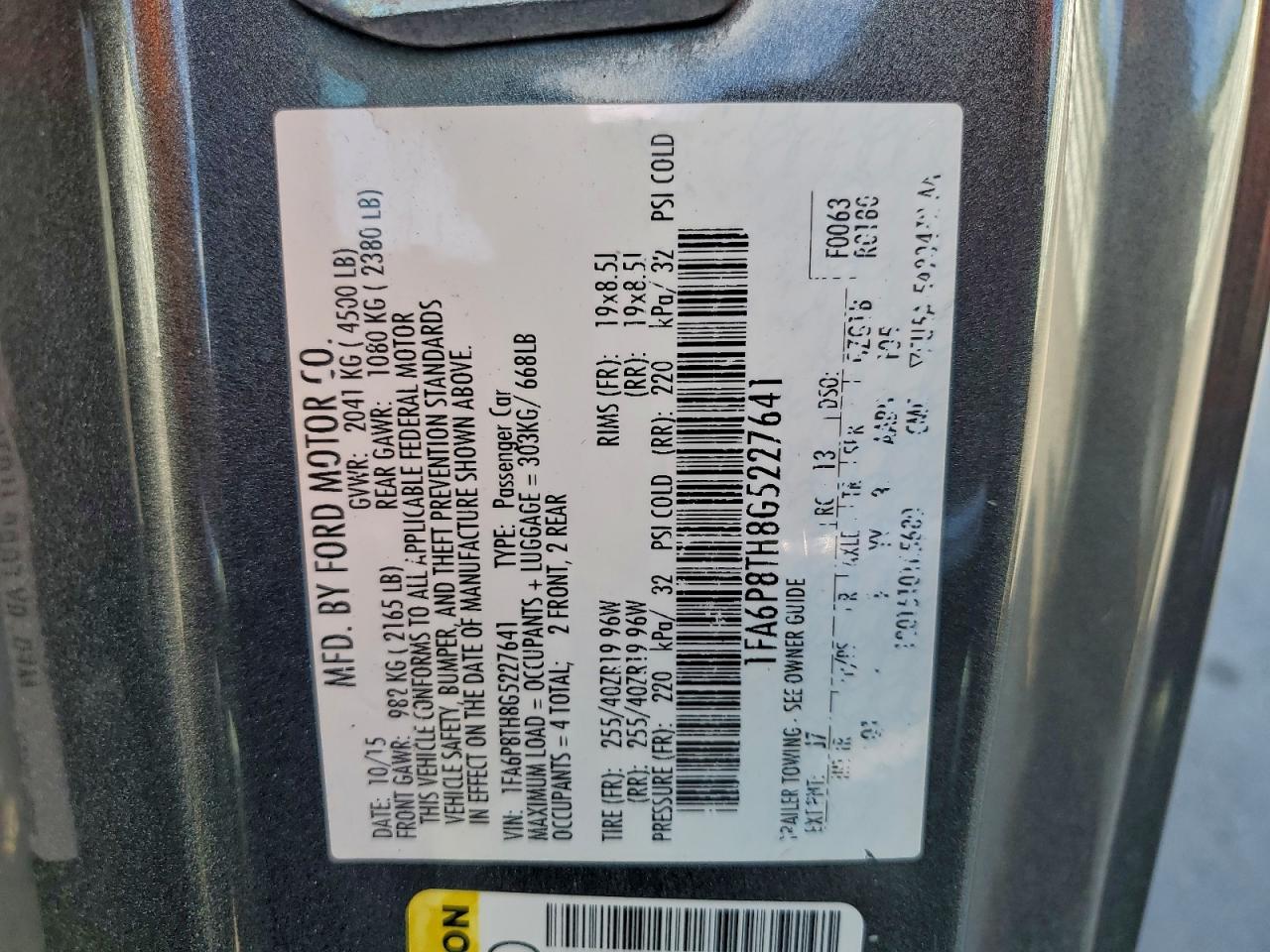 2016 Ford Mustang VIN: 1FA6P8TH8G5227641 Lot: 93512315