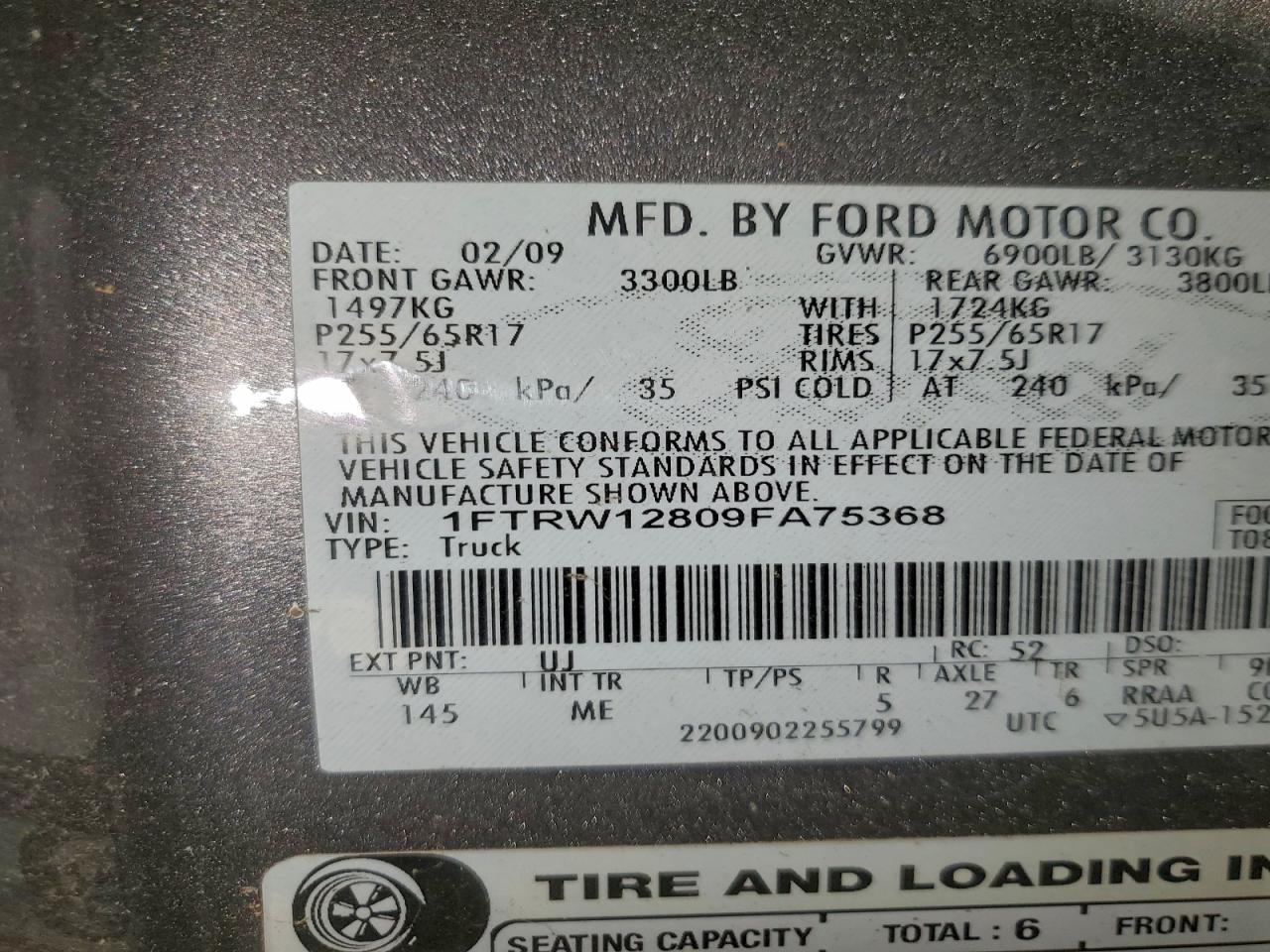 2009 Ford F150 Supercrew VIN: 1FTRW12809FA75368 Lot: 94587115