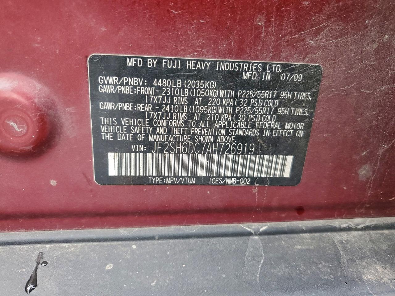 2010 Subaru Forester 2.5X Limited VIN: JF2SH6DC7AH726919 Lot: 94168235