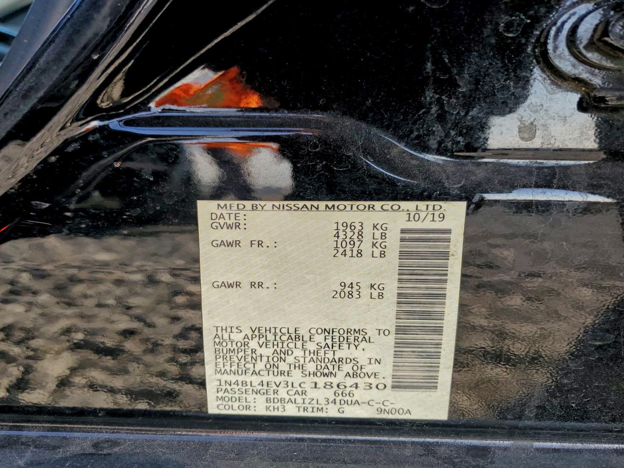 2020 Nissan Altima Sl VIN: 1N4BL4EV3LC186430 Lot: 94161405