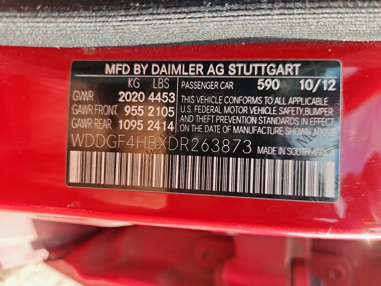 2013 Mercedes-Benz C 250 VIN: WDDGF4HBXDR263873 Lot: 92122535