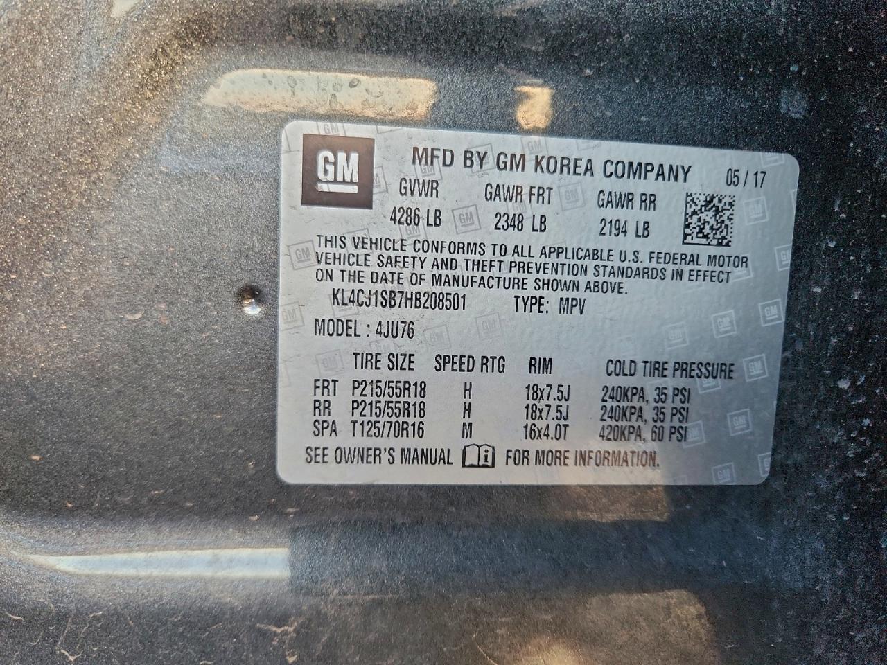 2017 Buick Encore Sport Touring VIN: KL4CJ1SB7HB208501 Lot: 93918125