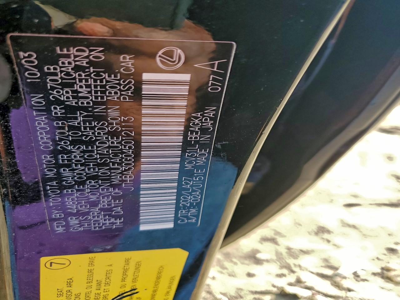 2004 Lexus Es 330 VIN: JTHBA30G045012113 Lot: 94185955