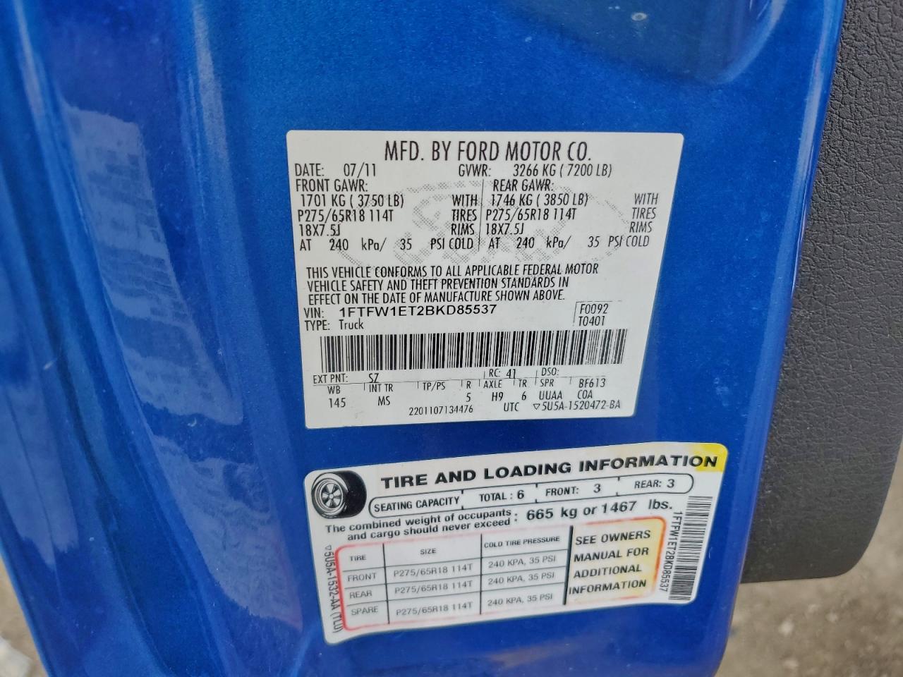 2011 Ford F150 Supercrew VIN: 1FTFW1ET2BKD85537 Lot: 94145265