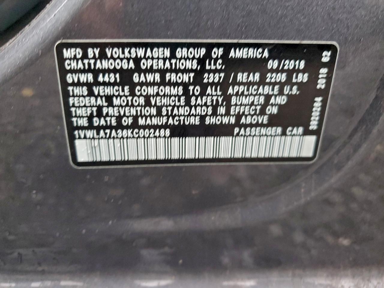 2019 Volkswagen Passat Wolfsburg VIN: 1VWLA7A36KC002488 Lot: 94672945