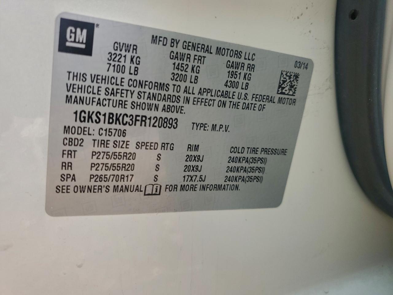 2015 GMC Yukon Slt VIN: 1GKS1BKC3FR120893 Lot: 94261815