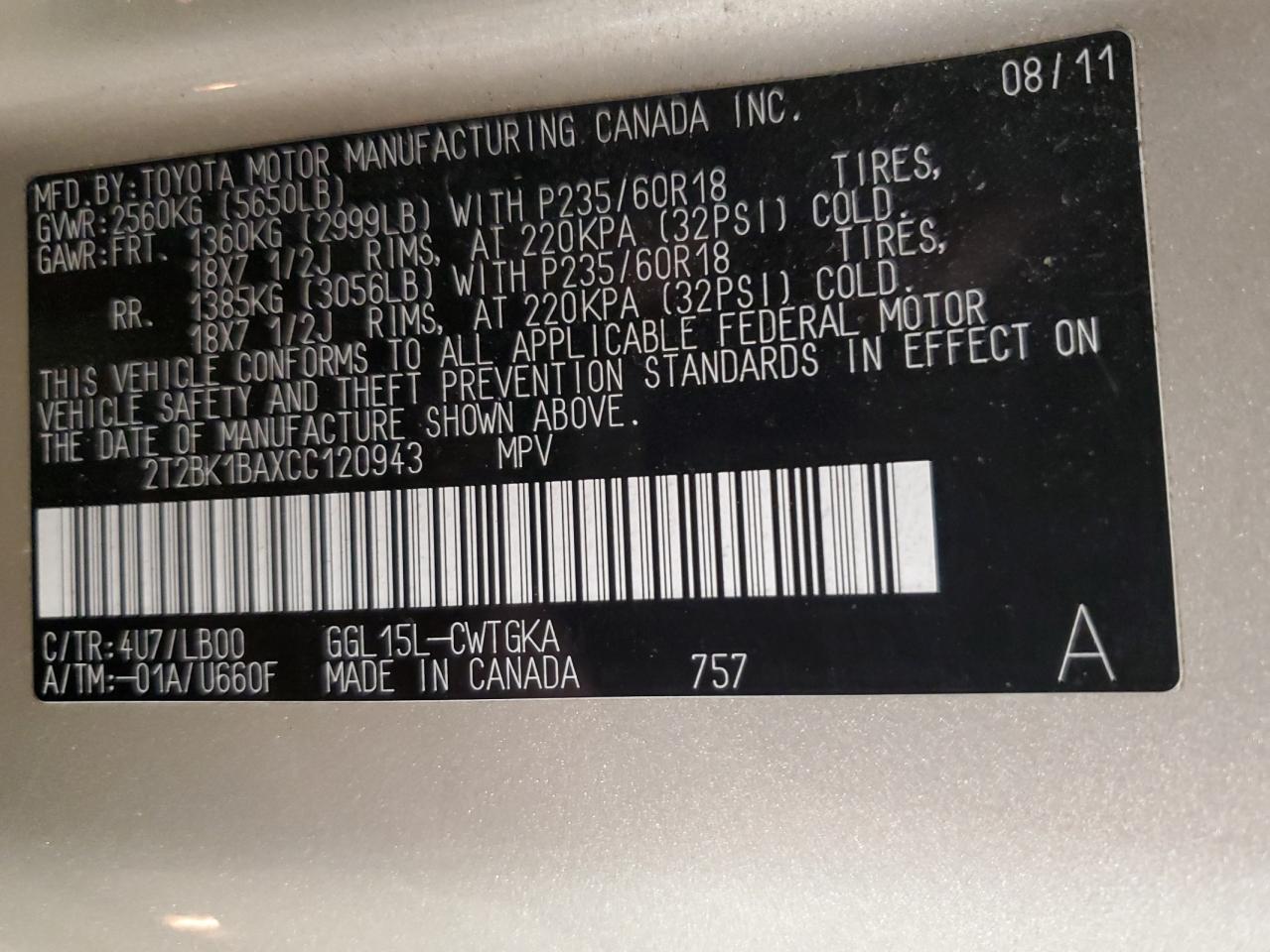 2012 Lexus Rx 350 VIN: 2T2BK1BAXCC120943 Lot: 93330205