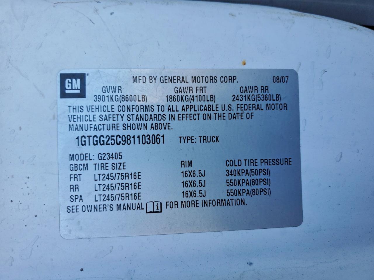 2008 GMC Savana Cargo 2500 13 VIN: 1GTGG25C981103061 Lot: 93498225