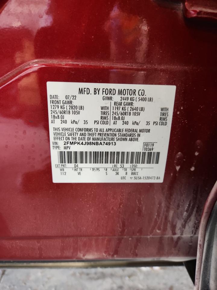 2022 Ford Edge Sel VIN: 2FMPK4J98NBA74913 Lot: 92791875