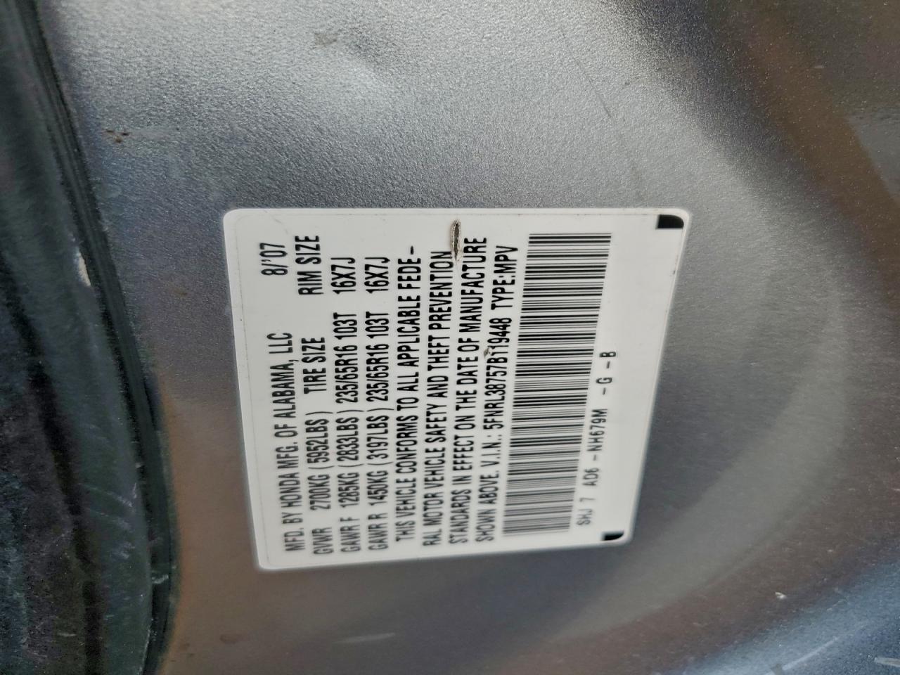 2007 Honda Odyssey Exl VIN: 5FNRL38757B119448 Lot: 93668535