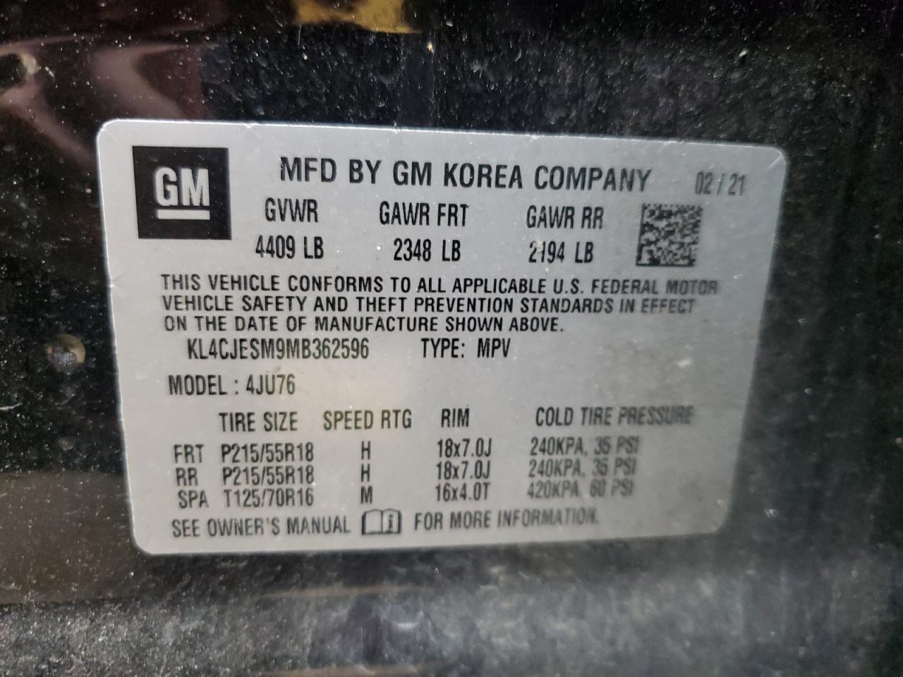 2021 Buick Encore Preferred VIN: KL4CJESM9MB362596 Lot: 93639115