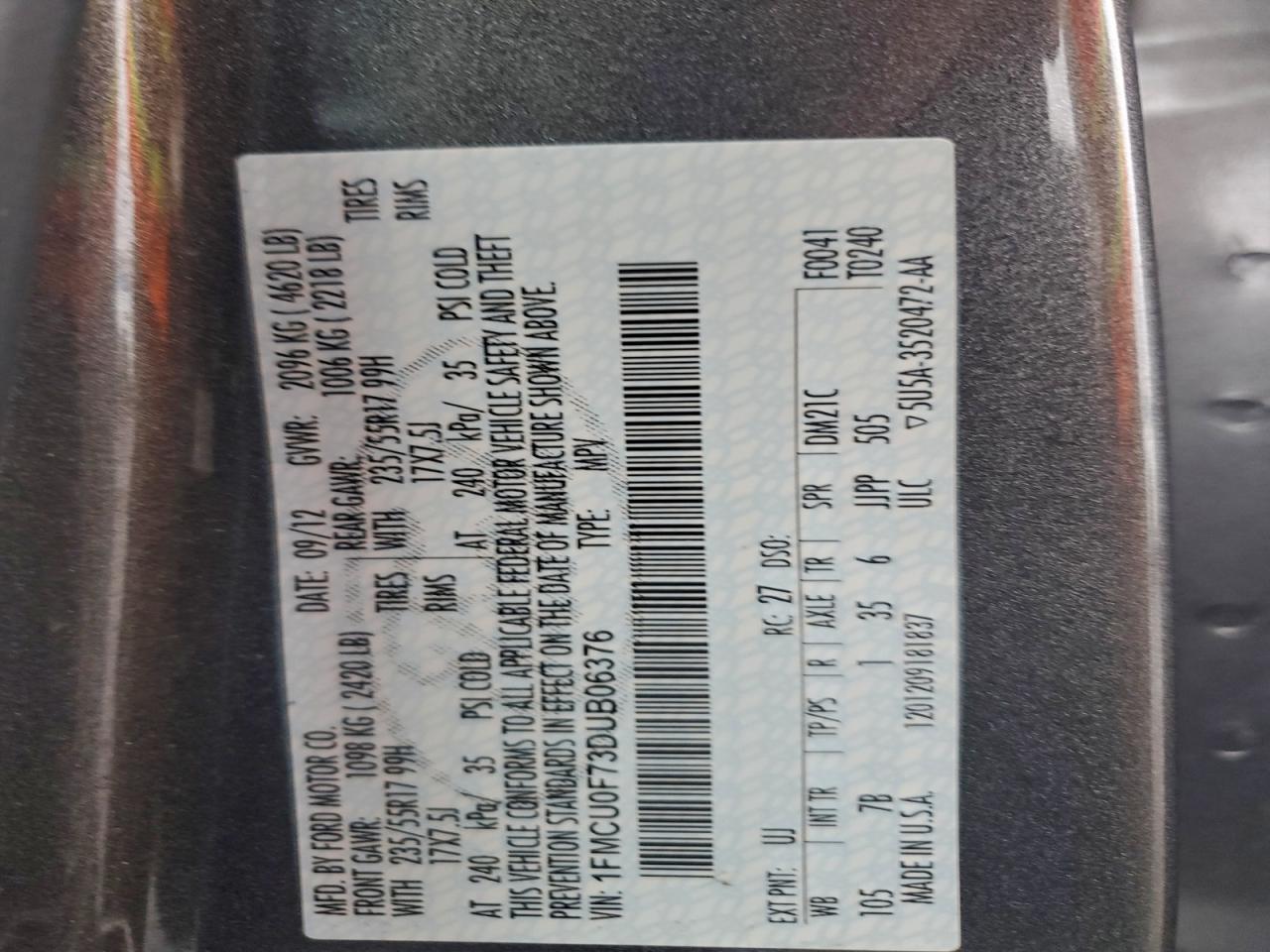 2013 Ford Escape S VIN: 1FMCU0F73DUB06376 Lot: 94561195